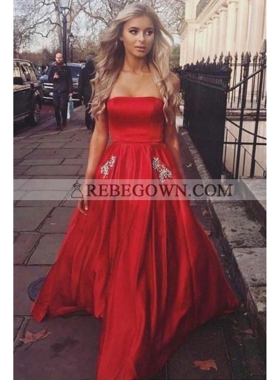 2022 Cheap A Line Strapless Elastic Satin Beaded Prom Dresses With Pockets 