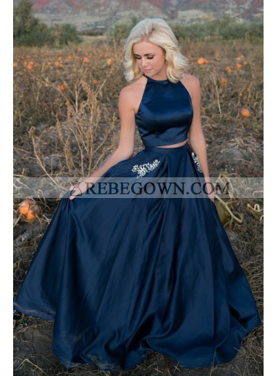 Elegant A Line Satin Dark Navy Two Pieces Long Prom Dresses With Pockets 2022