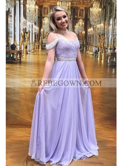 Cheap A Line Lilac Off Shoulder Chiffon Beaded Backless Scoop Prom Dresses 2022