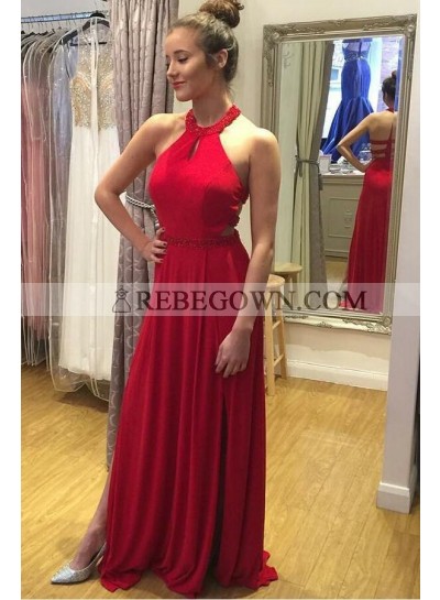 Elegant A Line Red 2022 Halter Backless Side Slit Long Chiffon Prom Dresses