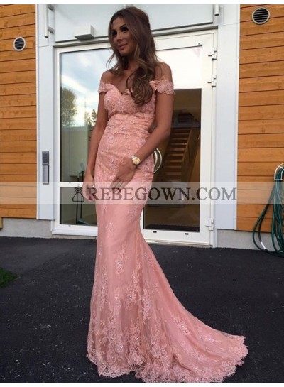 2022 New Designer Sheath Off Shoulder Sweetheart Pink Lace Prom Dresses
