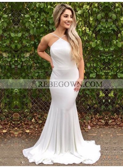 2022 Sexy Mermaid  White Halter Backless Long Cheap Prom Dresses