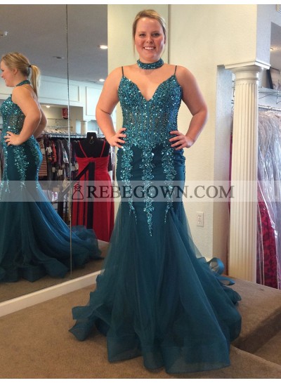 Charming Mermaid  Sweetheart Beaded Tulle Burgundy Long Prom Dresses 2022