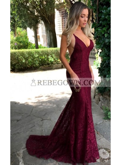 Sexy Burgundy Mermaid  V Neck Backless Lace Prom Dresses 2022 