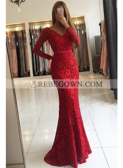 Amazing Mermaid  Red V Neck Long Sleeves Lace Backless 2022 Prom Dresses