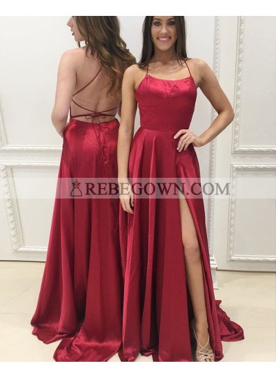 Cheap A Line Red Elastic Satin Side Slit Halter Lace Up Back Prom Dresses 2022