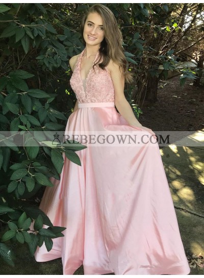 2022 Elegant A Line V Neck Halter Satin Pink With Appliques Backless Prom Dresses