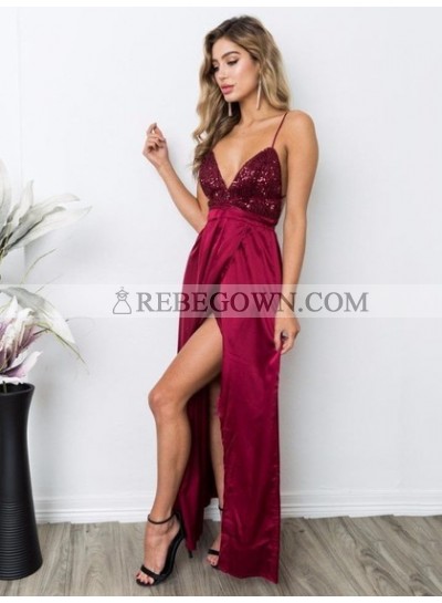 Sexy A Line Side Slit Burgundy Elastic Satin Criss Cross Backless Sequence Prom Dresses 2022