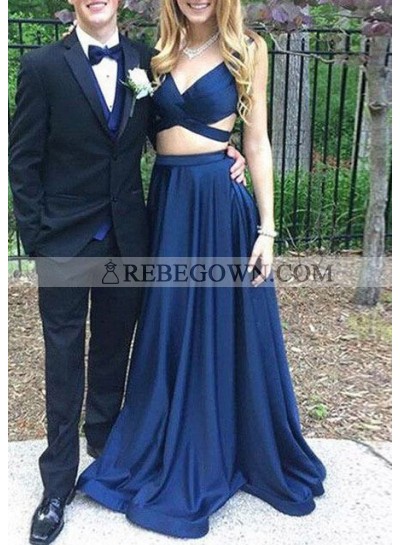 2022 Cheap A Line Dark Navy Satin Sweetheart Two Pieces Long Prom Dresses
