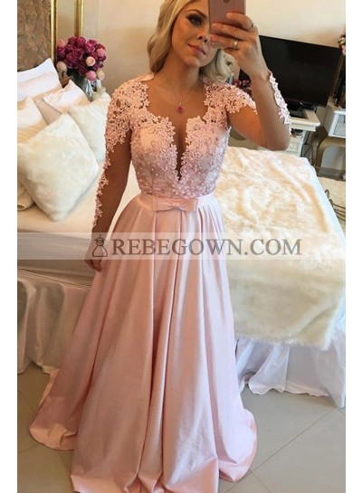 2022 Elegant A Line Pink Satin Long Sleeves Bowknot Backless Prom Dresses