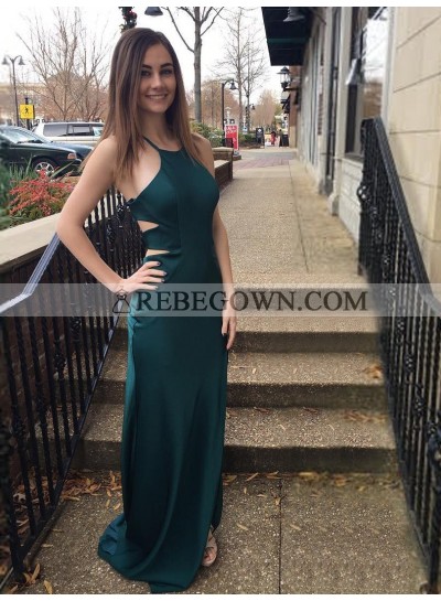 2022 New Arrival Sheath Halter Dark Green Lace Up Back Backless Hollow Out Prom Dresses