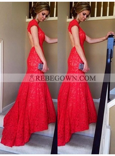 2022 New Designer Red Mermaid  Sweetheart Short Sleeves Backless Lace Prom Dresses