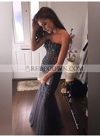 2022 Sexy Mermaid  Sweetheart Tulle Beaded Gray Lace Up Prom Dresses