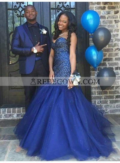 Sexy Sweetheart Tulle Beaded Royal Blue 2022 Mermaid  Lace Up Back Prom Dresses