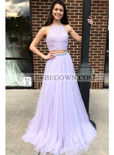 2022 Elegant A Line Tulle Lilac Two Pieces Prom Dresses With Appliques 