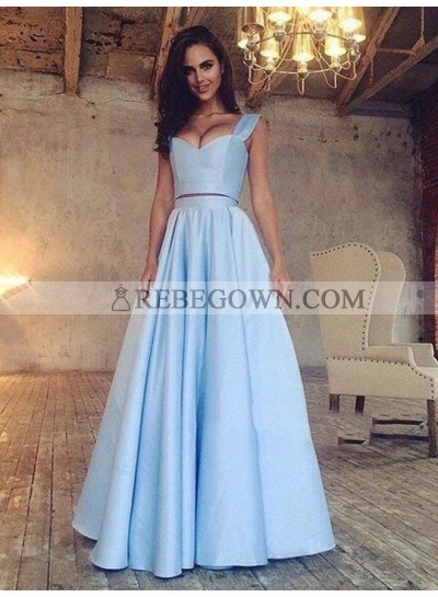 Elegant A Line Satin Blue Sweetheart Two Pieces Long Prom Dresses 2022