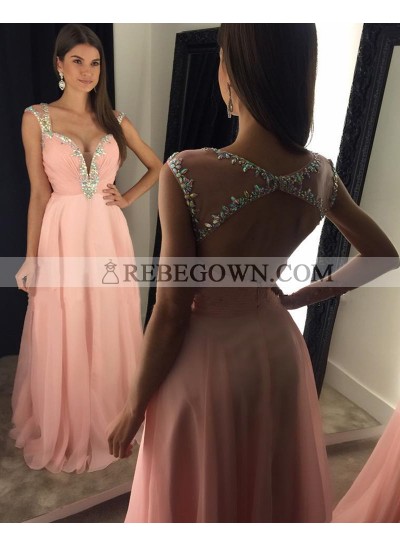 2022 Cheap A Line Chiffon Pink Sweetheart Beaded Backless Prom Dresses With Straps 