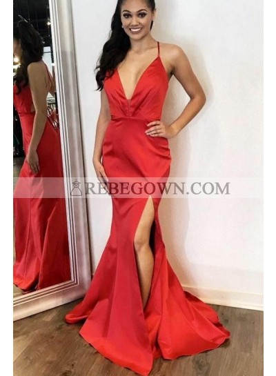 2022 Mermaid  Red Side Slit Satin Backless Long Deep V Neck Prom Dresses