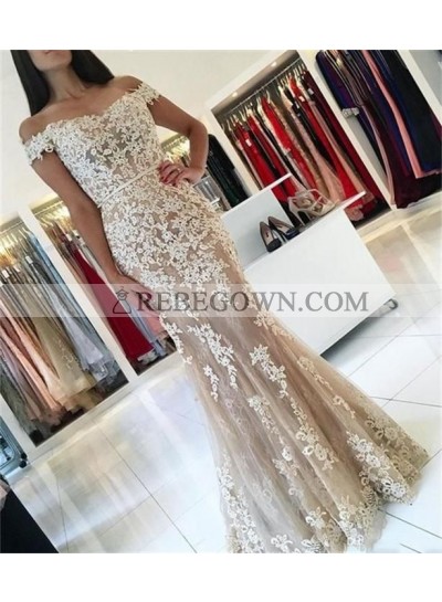 Amazing Mermaid  Off Shoulder Sweetheart Tulle Champagne and White Appliques Long Prom Dress 2022
