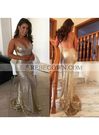 Sexy Mermaid  Gold Sweetheart Halter Backless Sequence Backless 2022 Prom Dress