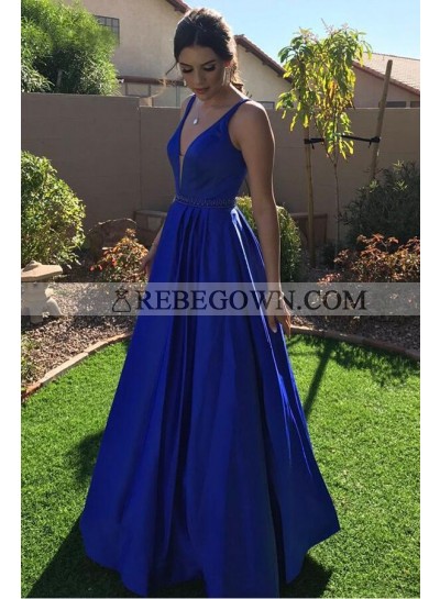 2022 Elegant A Line Satin Royal Blue V Neck Long Prom Dress