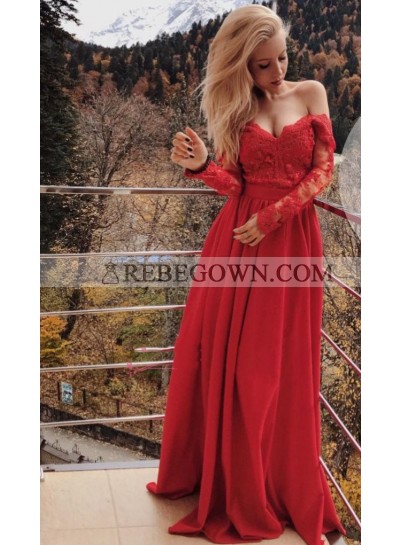2022 Newly A Line Long Sleeves Red Sweetheart Satin Off Shoulder Long Lace Prom Dress