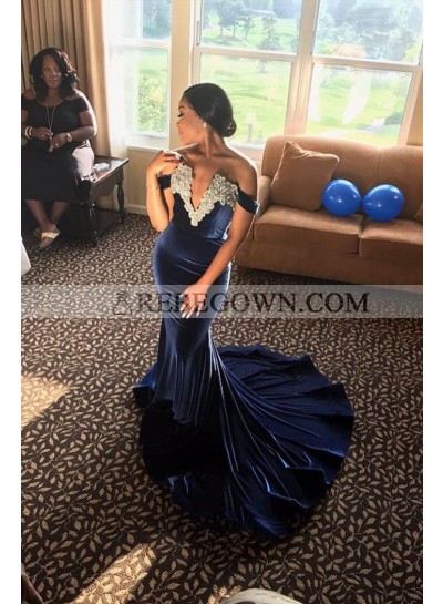 Charming Off Shoulder Mermaid  Dark Navy Velvet Deep V Neck Long Prom Dress 2022