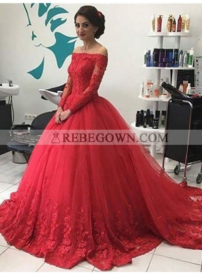 2022 Cheap Long Sleeves Tulle Off Shoulder Red Ball Gown Prom Dress