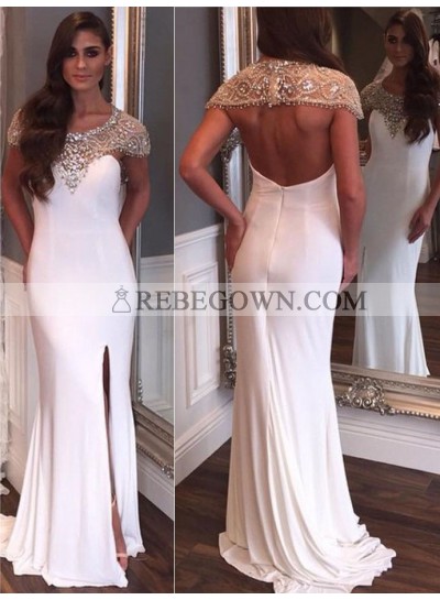 New Arrival Sheath White Backless Capped Sleeves Beaded Scoop Side Slit 2022 Prom Dress