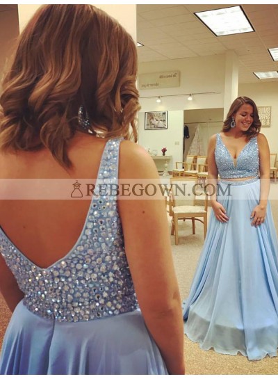 2022 Newly A Line Chiffon Blue Sweetheart Beaded Two Pieces Plus Size Prom Dress