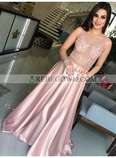 2022 New Designer Elastic Satin A Line Pink See Through Beaded Prom Dress