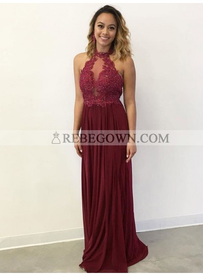 Cheap A Line Burgundy High Neck With Appliques Spandex 2022 Prom Dress