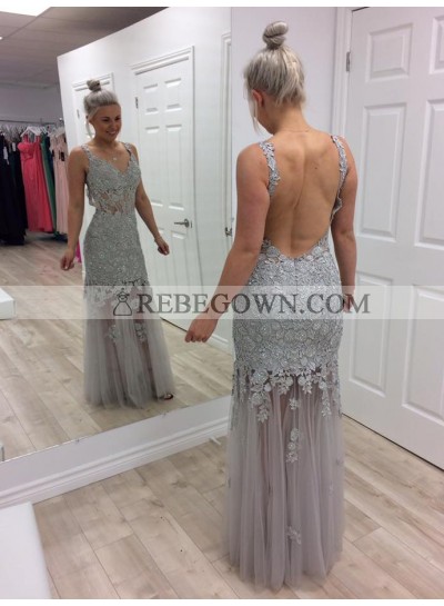 2022 Cheap Sheath Silver Tulle Sweetheart Backless Lace Prom Dress