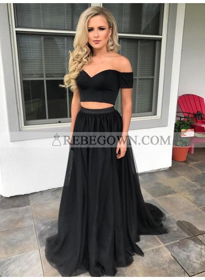 2022 New Arrival A Line Black Off Shoulder Sweetheart Tulle Two Pieces Prom Dress