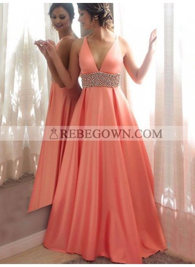 Elegant A Line Satin Coral V Neck Beaded Sash Backless Prom Dress 2022
