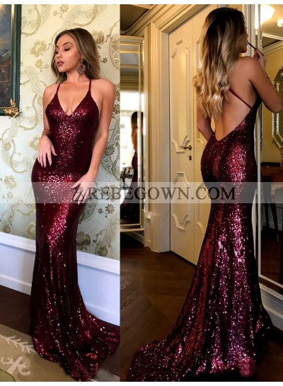 Sexy Burgundy Halter Backless Sequence Mermaid  Criss Cross Prom Dress 2022