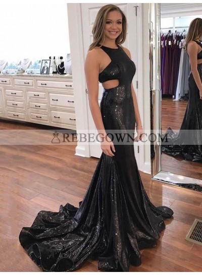 Sexy Black Mermaid  Halter Backless Long Train Hollow Out Sequence Prom Dress 2022 