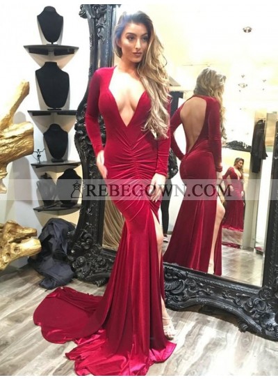 Sexy Red Deep V Long Sleeves Mermaid  Side Slit Velvet Backless Prom Dress 2022 