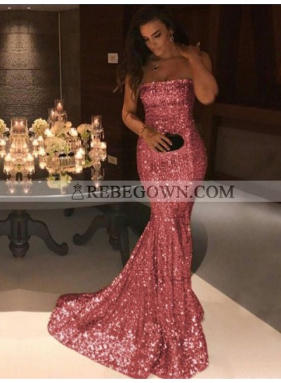 Charming Bling Bling Shiny Mermaid  Strapless Sequence Pink 2022 Prom Dress