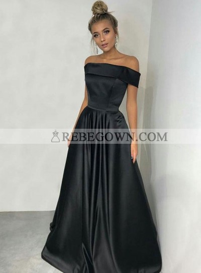 Cheap A Line Satin Black Off Shoulder Simple Prom Dress 2022
