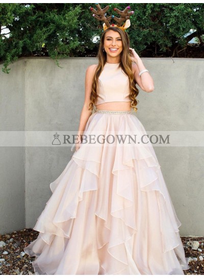 2022 New Arrival A Line Chiffon Ruffles Pearl Pink Two Pieces Prom Dress