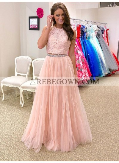 New Arrival Tulle A Line Pink Two Pieces Lace Prom Dress 2022