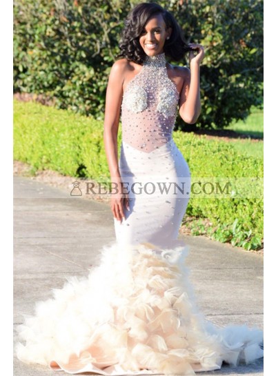 Amazing Ivory Mermaid  High Neck See Through Ruffles Backless Pleated African American Prom Dress 