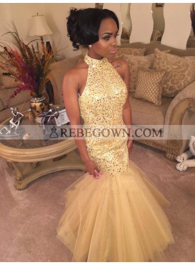 2022 Sexy Mermaid  High Neck Tulle Champagne African American Backless Prom Dress