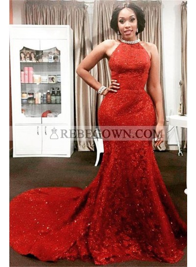 Charming Red Mermaid  Lace Backless High Neck Long African American Prom Dress 2022