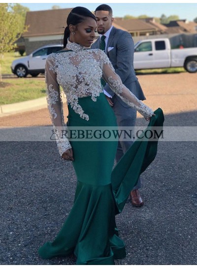 2022 Cheap Sheath Emerald and White Long Sleeves High Neck Beaded African American Prom Dress