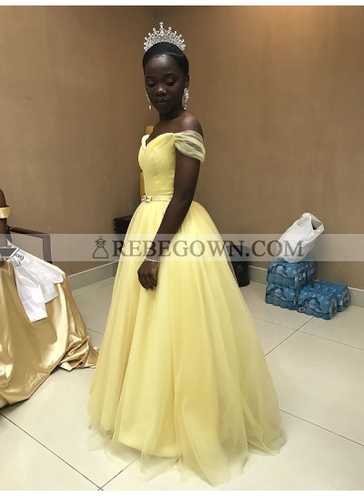 2022 Cheap A Line Off Shoulder Light Yellow Sweetheart Tulle Prom Dress With Belt