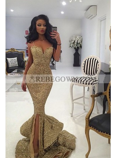 Sexy 2022 Gold Sweetheart Mermaid  Side Slit Sequence Long Spaghetti Straps Prom Dress
