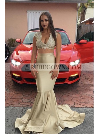 2022 Sexy Mermaid  Champagne V Neck Satin Capped Sleeves Lace Two Pieces Prom Dress