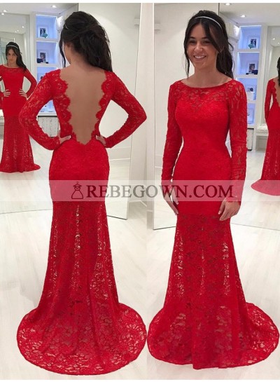 Elegant Red Sheath Long Sleeves Lace Backless Scoop Prom Dress 2022